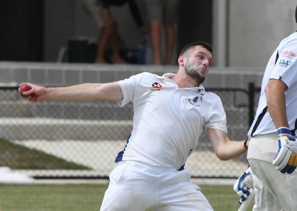 Andrew Warwick on his way to seven wickets for Golden Point. Picture: Lachlan Bence