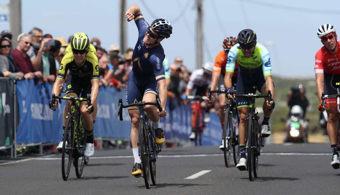 VICTORY SALUTE: Lasse Norman Hansen celebrates victory in a sprint to the line in Warrnambool. Pictures: Con Chronis

