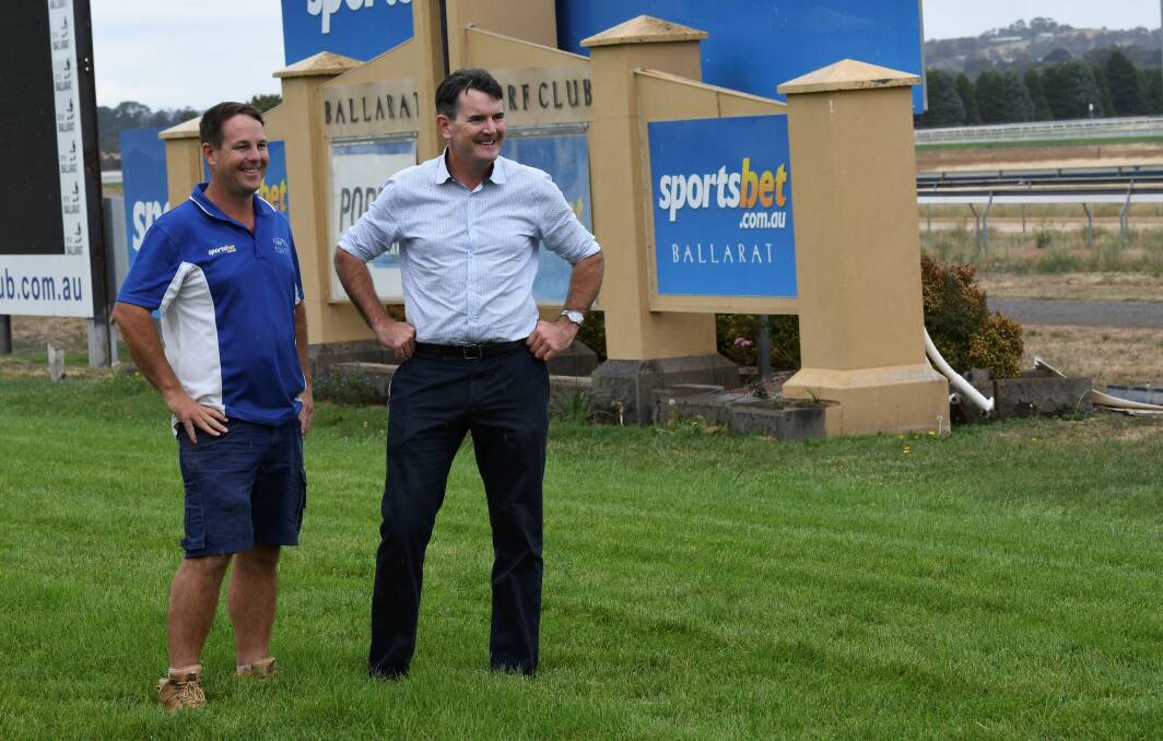 BIG FUTURE: Ballarat Turf Club racecourse manager Dylan 
O'Neil and chief executive officer Lachlan McKenzie all smiles
after the synthetic track annoucement. Picture: Lachlan Bence