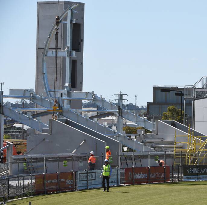 UP IT GOES: The new grandstand at Ballarat's Eureka Stadium is on the way as the venue begins to take shape as a new AFL venue. Picture: Lachlan Bence