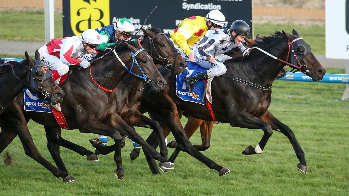 Steeplechaser Western Kingdon (red and white) charges home for a last-start second on the flat in Ballarat. Picture: Getty Images