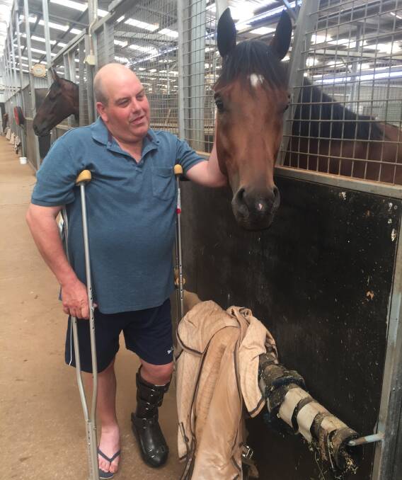 GOOD MATES: a debilitated Mark Lewis gives stable favourite and last-start Geelong winner The Card Players a friendly pat -  the only hands-on interaction he can have with his team. Picture: David Brehaut