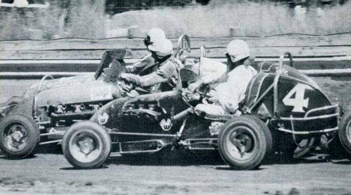 THREE-WIDE: Eric Smith, Rob Brown and Trevor Scott go wheel-to-wheel in a classic duel at Redline in the 1970s. Picture: Kevin Emmerson   