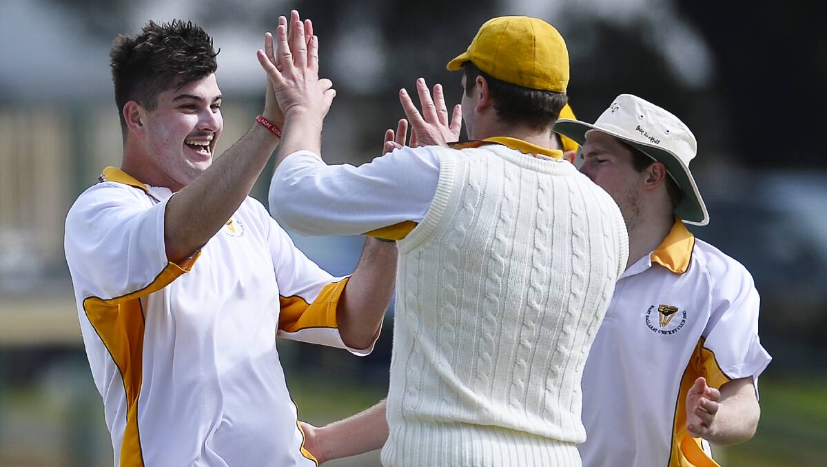 YES: East Ballarat's Oli Hayes celebrates a wicket against Napoleons-Sebastopol. He claimed four wickets for the day.