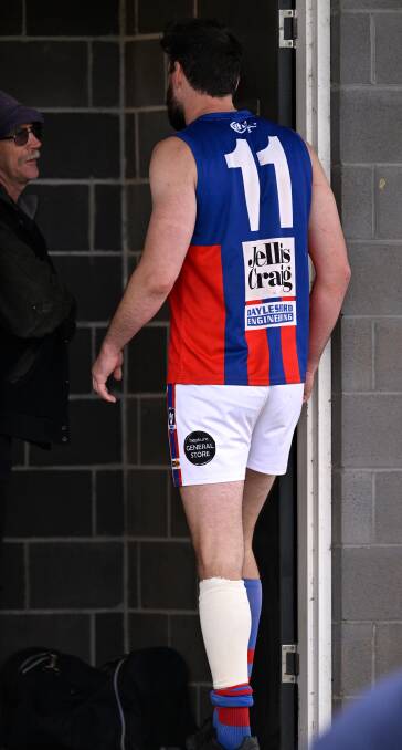 Hepburn ruckman and CHFL best and fairest Sean Tighe goes into the changerooms after Saturday's loss to Bungaree with his left calf strapped. Picture by Adam Trafford.
