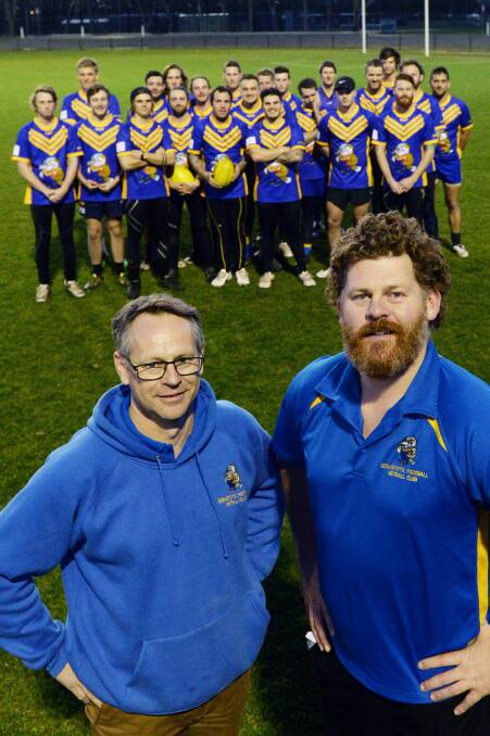 Sebastopol Football Club president Cam Morgan, left, with newly reappointed senior coach Shane Snibson at Wednesday night's announcement. 