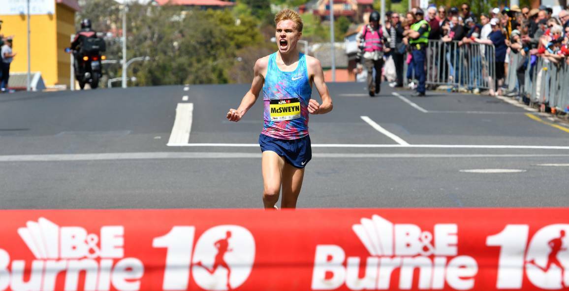 STRENGTH-TO-STRENGTH: Stewart McSweyn celebrates his history-making Burnie10 win in his home state. Picture: Brodie Weeding