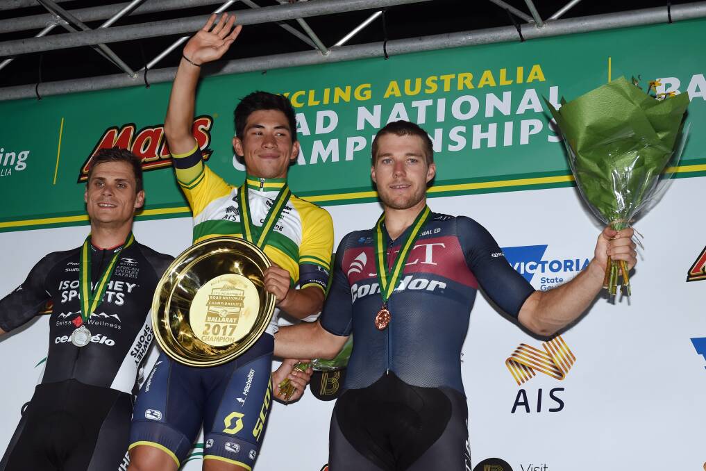 TOP THREE: Caleb Ewan, Scott Sutherland, left, and Brenton
Jones, right, salute the fans. Picture: Kate Healy 