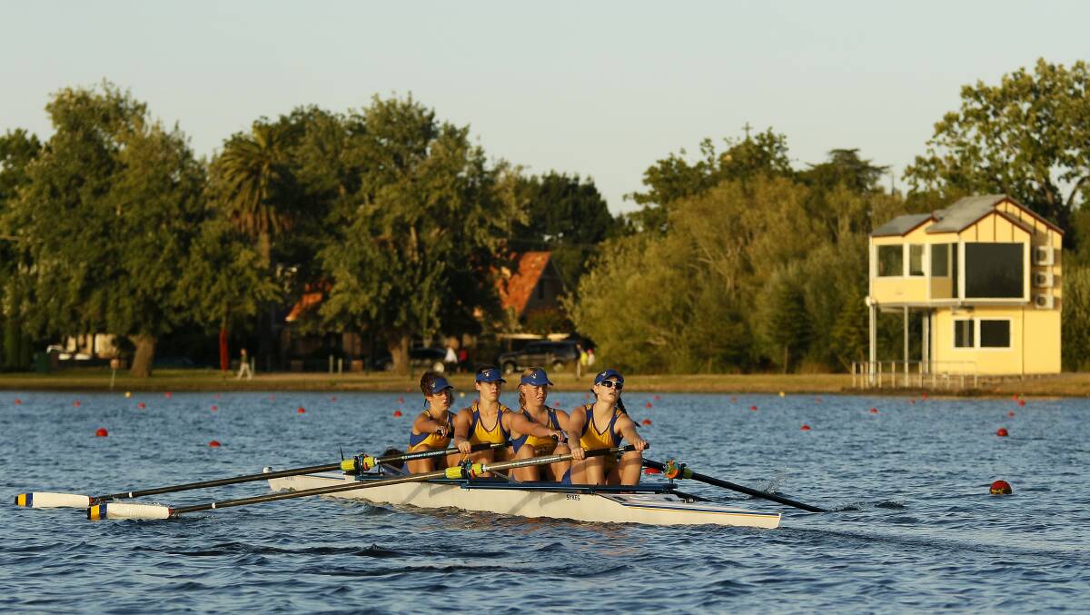 IN THE GROOVE: a Loreto College crew goes through its paces in a morning training session in readiness for a busy schedule, including this weekends'  Wendouree-Ballarat Rowing Club regatta. Picture: Dylan Burns