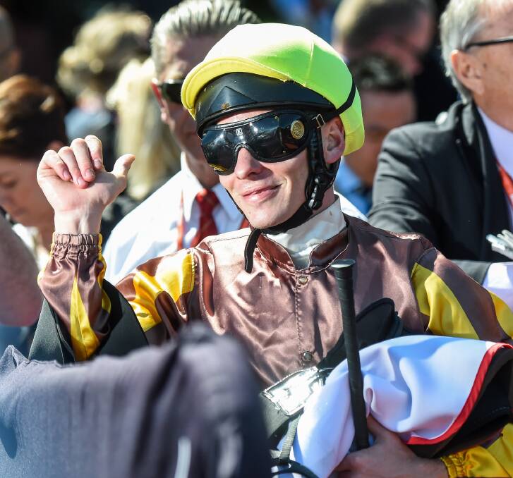 WINNER: Ben Melham gives the thumbs up after scoring on Anaheim at Flemington on Thursday. Pictures: Getty Images