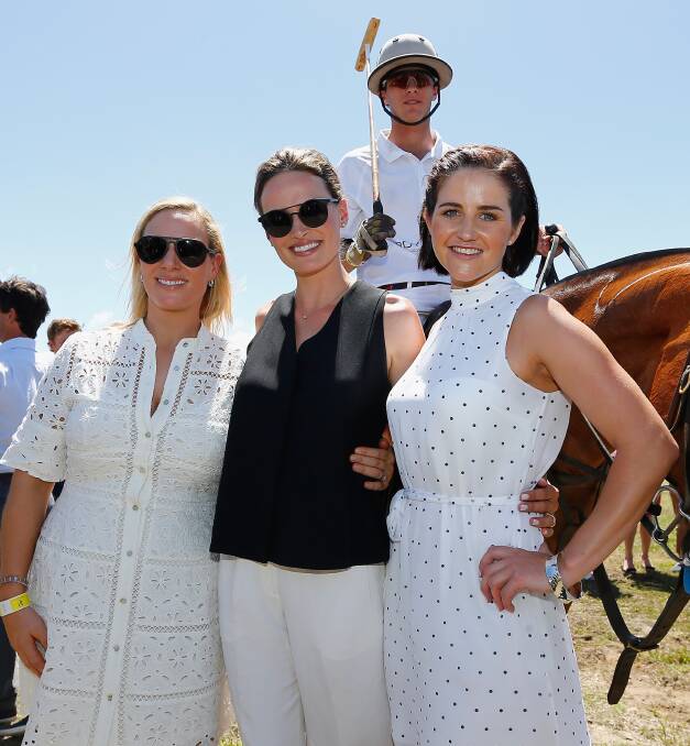 Michelle Payne, right, with Zara Phillips and Francesca Cumani at the Magic Millions polo event on the Gold Coast. Picture: Getty Images