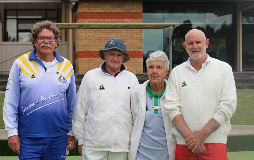 PRESENTATION: Men's over-60 singles winner Winston Silbereisen (Daylesford), right, and runner-up Ian Warner with Len Vincent and  Pam Pike.