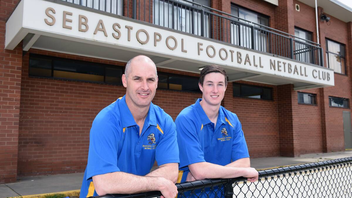 New Sebastopol coach Leigh Hutchinson with young recruit Nick Hausler at Marty Busch Reserve. Picture: Kate Healy