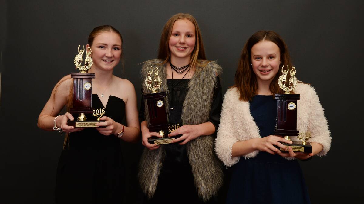 Joint 15/under senior netball best and fairests: Aleisha King, Mia Conlan and Ava Stephens. Picture: Kate Healy
