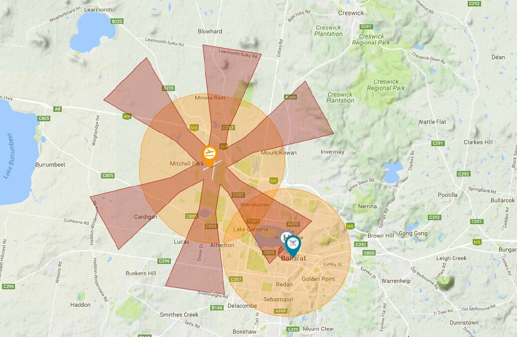 NO FLY ZONE: A screenshot from the Can I Fly There? app shows red zones around Ballarat where drone flights are banned and orange areas where caution is needed. 