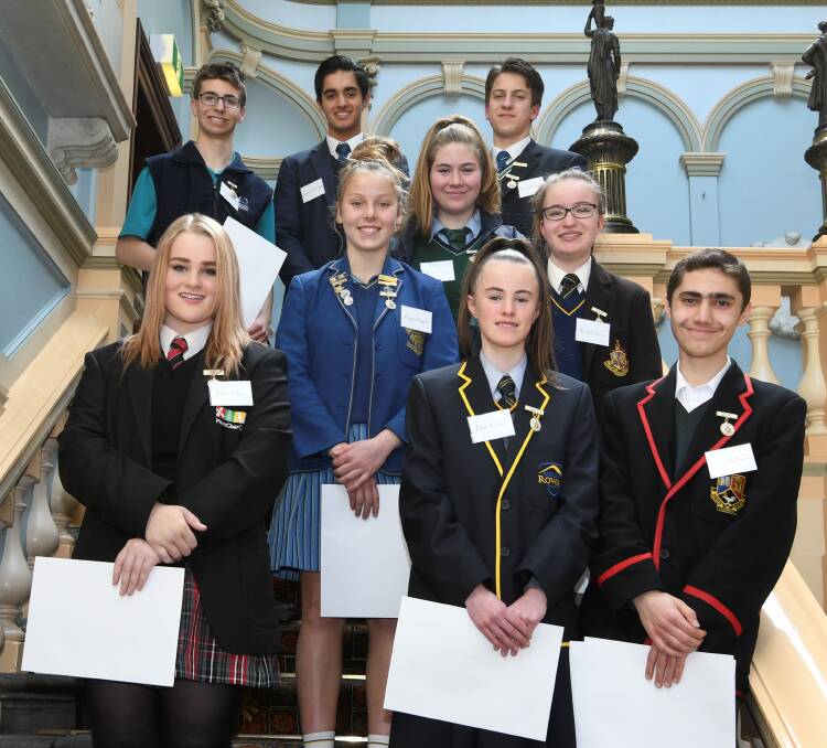 HIGH ACHIEVERS: Secondary students from around Ballarat with their Order of Australia citizenship awards on the steps of the Town Hall. Picture: Lachlan Bence