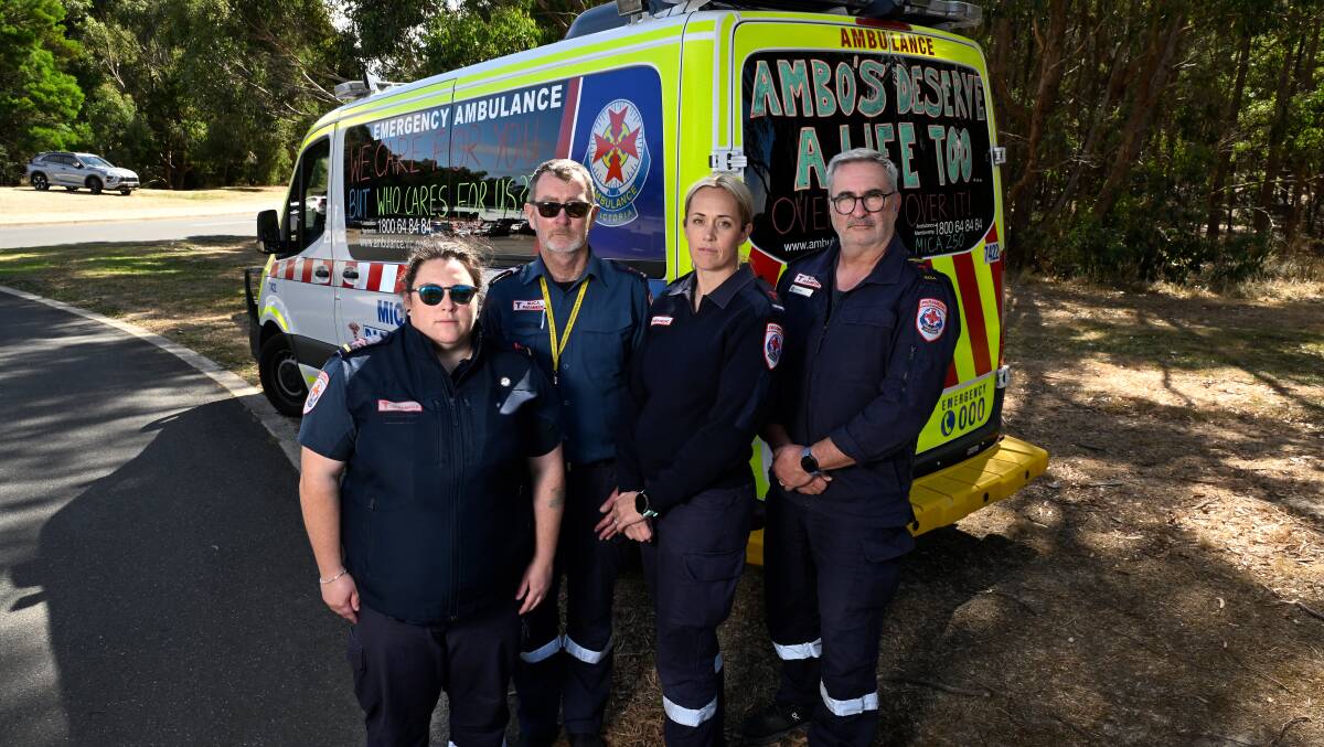 Ambulance Victoria paramedics Sasha Peers, Kevin Kelly, Jade Kearney, Brendan Webster work at the Ballarat State Emergency Control Centre and took stop work action on March 25. Picture by Adam Trafford.