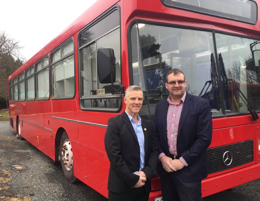 NEW BUS: Soup Bus founder Craig Schepis and Ballarat Eureka Apex Club president Matthew Stevens with the new Soup Bus project, which is nearing completion.
