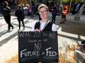 Federation University staff member Rebekah Bailey protests against proposed job cuts at the university. Picture by Lachlan Bence

