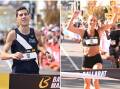Tom Do Canto and Ella McCartney cross the finish line to win the Ballarat Marathon on Sunday. Pictures by Adam Trafford