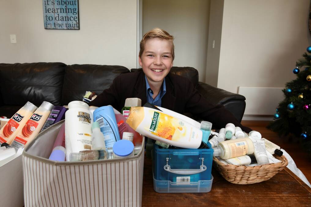 PHILANTHROPIST: James Dawes wants to make Christmas special for Ballarat's homeless and needy. He has gathered enough toiletries and luxuries to pack about 50 Hampers for the Homeless. Picture: Lachlan Bence