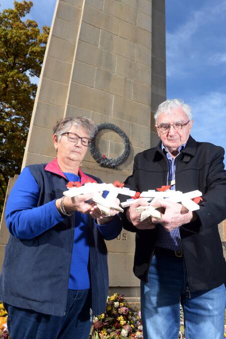 DISAPPOINTED: Ballarat RSL president Alex Tascas and secretary Maurie Keating are upset that memorial crosses set out for Anzac Day were damaged. Picture: Kate Healy