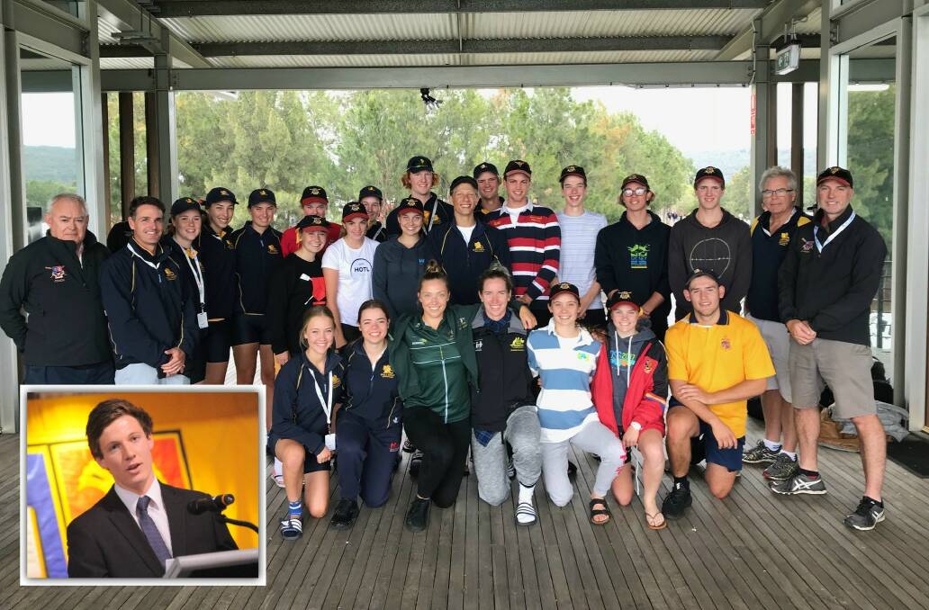 UNITED: Ballarat Clarendon College and Ballarat Grammar rowing crews competed together in the eights in memory of Liam Fitzpatrick (inset).