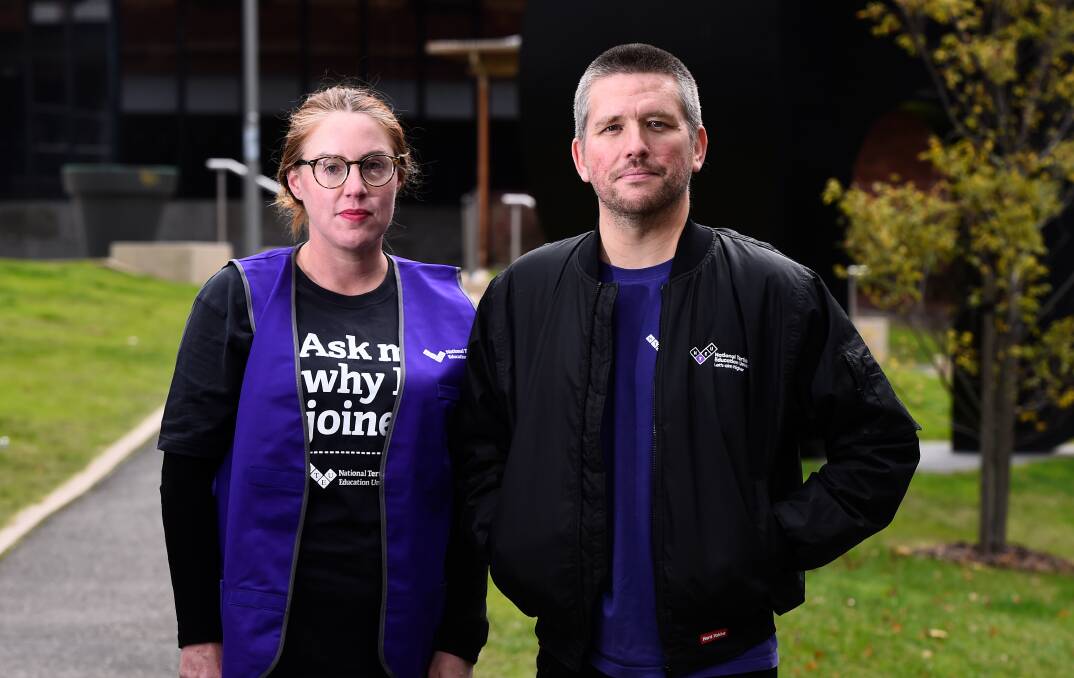 National Tertiary Education Union Federation University branch vice president academic Dr Verity Archer and president Mathew Abbott during action in 2023. Picture by Lachlan Bence