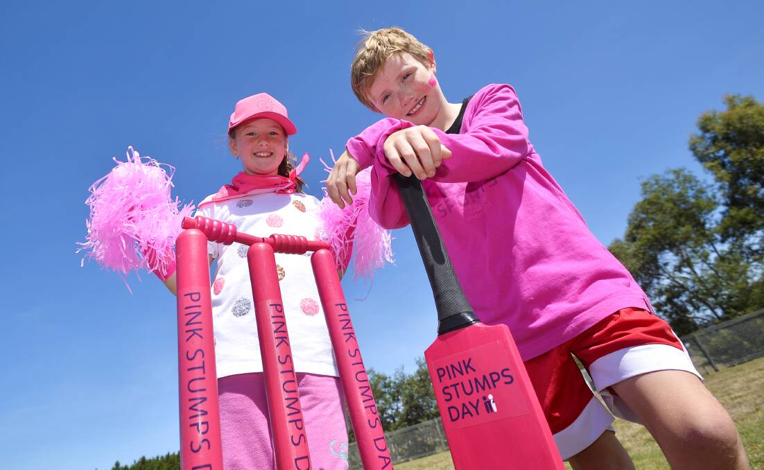PRETTY IN PINK: Ballarat Christian College pupils Zia, year five, and Codey, year four,  get in to the spirit of Pink Stumps Day. Picture: Dylan Burns