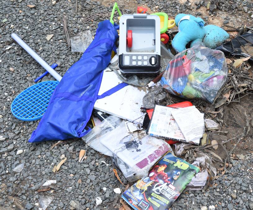 FILTHY: Toys, sporting equipment and household rubbish strewn along Wilson St, Ballarat East, in the Woowookarung Regional Park. Pictures: Kate Healy