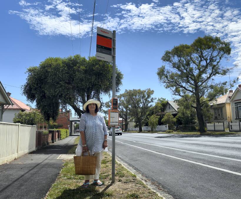 Disappointed: Anne Fahey at her Barkly Street bus stop. Service frequencies on Ms Fahey's line will be reduced from half-hour to every hour and will no longer stop at Ballarat's Central Square.