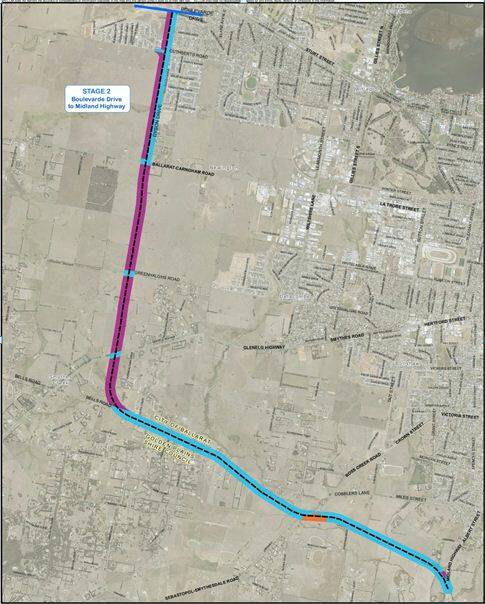 The planned route for stage two of the Ballarat Western Link Road.