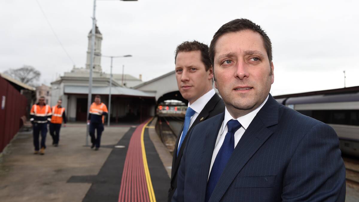 Josh Morris and Opposition Leader Matthew Guy at Ballarat train station.