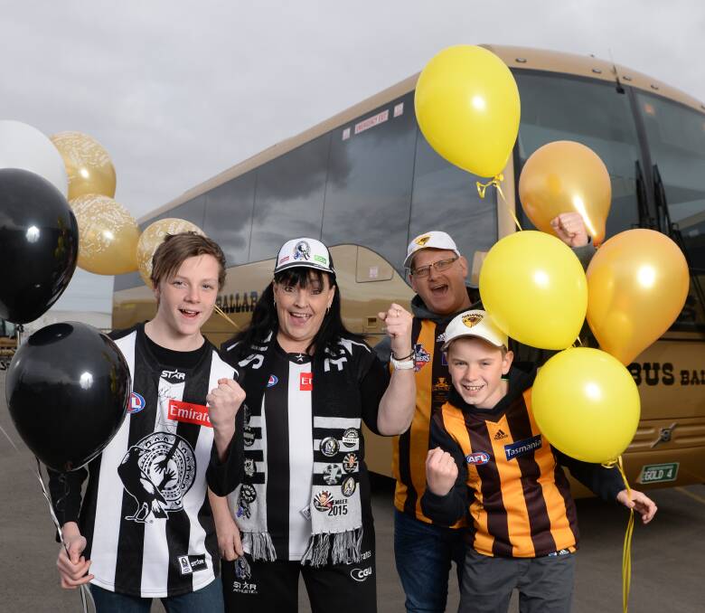 The best of enemies: Gold Bus Ballarat has now been transporting rival football supporters such as Jayden Locke, Bev Cooper, Brett McKinnis and Tom McKinnis to AFL games for 10 years. Picture: Kate Healy