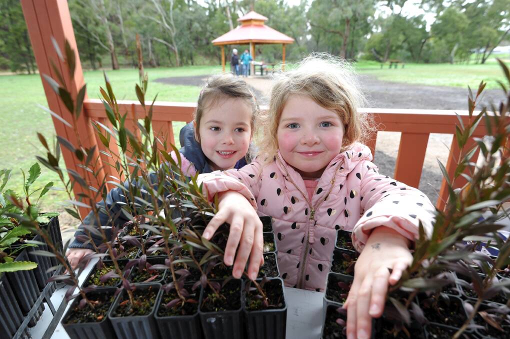 Olivia Greem, 4, and Pearl Nicholson, 4 helped plant fruit trees as part of a community tree planting day at the Brown Hill Recreation Reserve. Picture: Lachlan Bence.