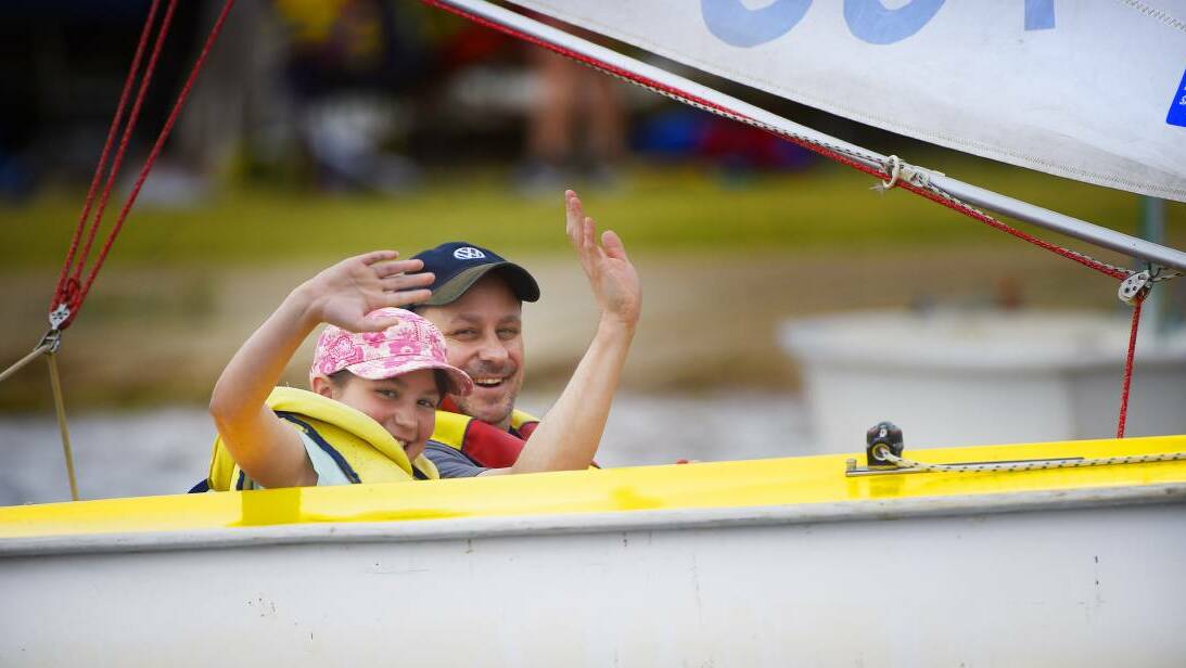 Andrew and Amelia Strait, 10, at the Ballarat Yacht Club discover day sailing on Lake Wendouree. Picture: Luka Kauzlaric