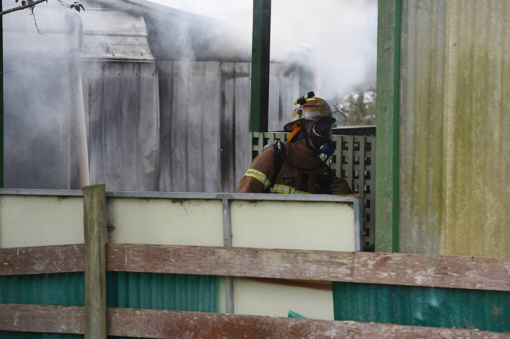 Shed fire at Elizabeth Street, Smythesdale. Pictures Lachlan Bence.
