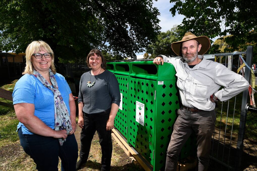 RECYCLING: Le Vergne Lehmann and Paul Lehmann (Captain Compost) from Grampians Central West Waste and Resource Recovery Group with Food Is Free Inc. Founder Lou Ridsdale. Picture: Adam Trafford 