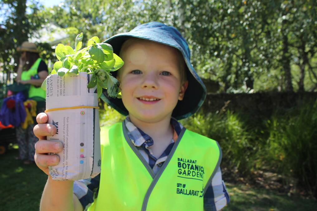 GETTING GRUBBY: Rhys Bell, 4 plants a herb seedling in a handmade newspaper pot as part of the BotaniKIDS junior gardening and nature program. The group will teach other children at the Begonia Festival. Picture: Rochelle Kirkham 