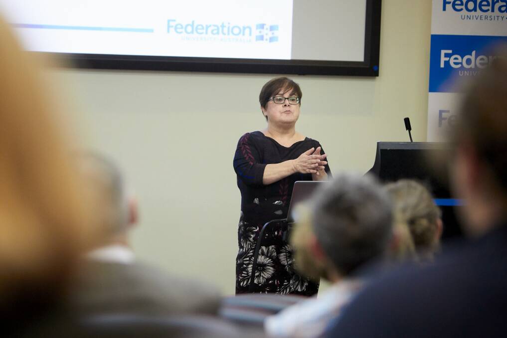 INEQUALITY IN JUSTICE: PhD researcher Marg Camilleri tells John's story of sexual assault at Federation University's public forum for World Human Rights Day, marking 70 years since the Universal Declaration of Human Rights. Picture: Luka Kauzlaric 