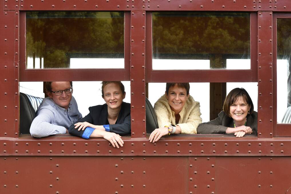 Cameron Leith, Marion Leith, regional development minister Jaala Pulford and Macedon MP Mary-Anne Thomas on the Daylesford Spa Country Railway. Picture: Dylan Burns