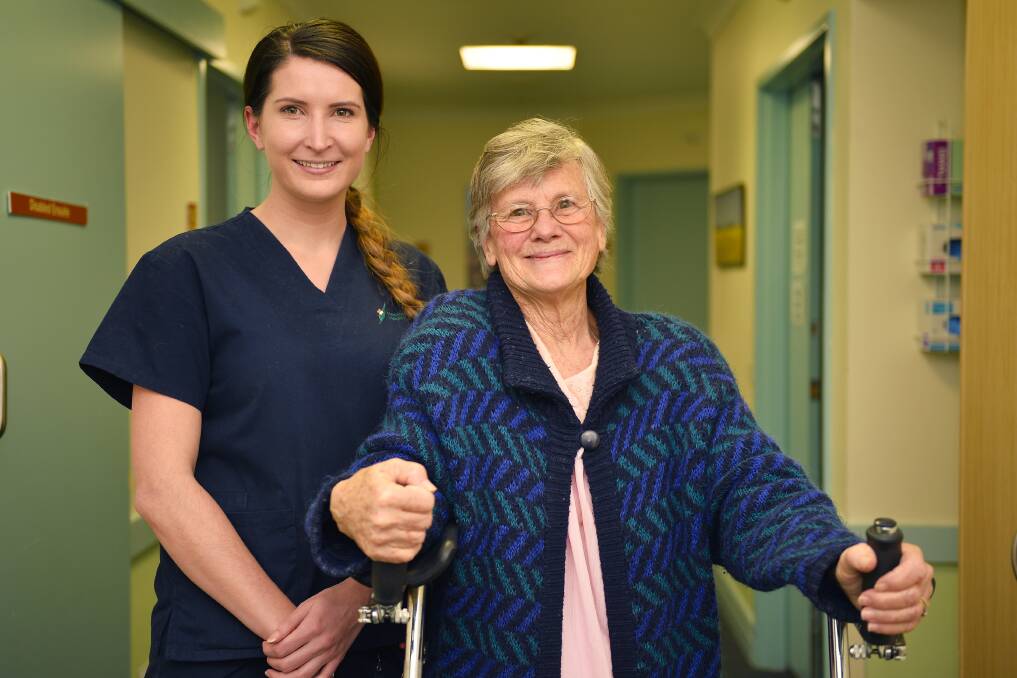 HOSPITAL SUPPORT: Patient Irene O'Keefe with Daylesford Hospital nurse Louise Weir. Picture: Dylan Burns. 