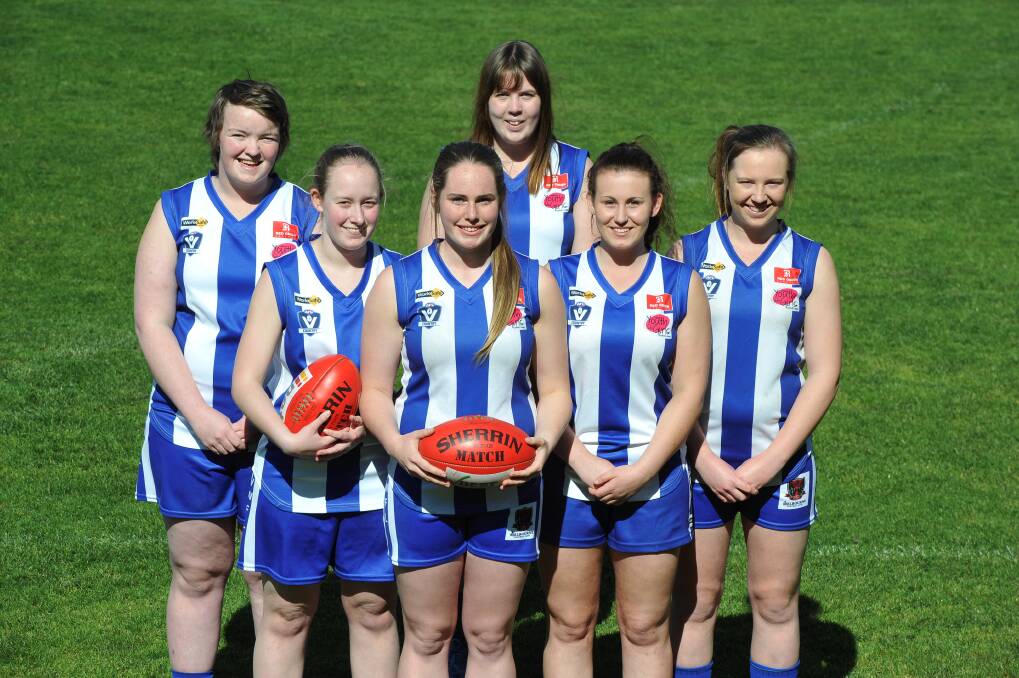ALL SET: Bryden Fisher, Bec Cubitt, Madalyn Clarke, Shannon Alexander, Maighan Fogas and Abby Cummins will line up for Golden point in the VEFL division 4 grand final.