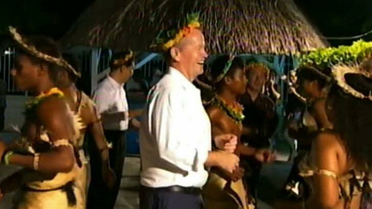 Labor leader Bill Shorten dances with locals during a trip to Kiribati to raise awareness of climate change. Photo: ABC