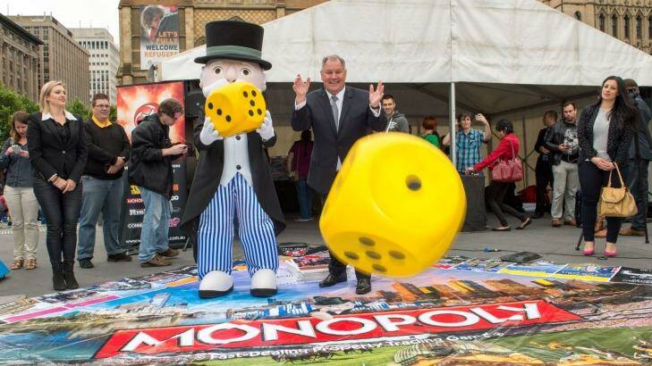 A Melbourne version of the famous board game Monopoly was launched at Federation Square by the Lord Mayor Robert Doyle and Mr Monopoly.  Photo: Penny Stephens