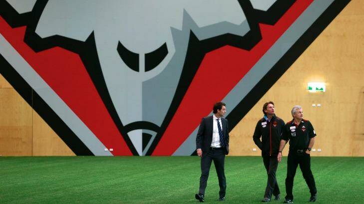 James Hird at Essendon's Tullamrine base, with Neil Craig (right) and Xavier Campbell. Photo: Eddie Jim