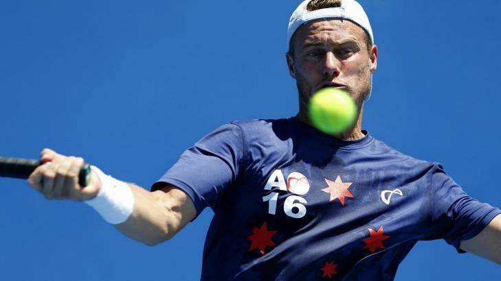 Lleyton Hewitt marks his 20th and final grand slam with a T-shirt that reads "AO16". Photo: Eddie Jim