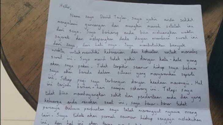 David Taylor wrote a letter in Balinese and in English to Mr Sudarsa's widow saying: "I really cannot believe that my terrible actions may have contributed to the taking of another's life". Photo: Supplied