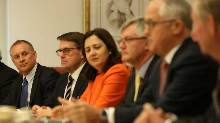 SA Premier Jay Weathrill (far left) at COAG at Parliament House in Canberra on Friday. Photo: Andrew Meares