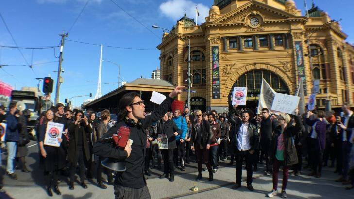 Demonstrators protest against Operation Fortitude in Melbourne on Friday afternoon. Photo: Joe Armao